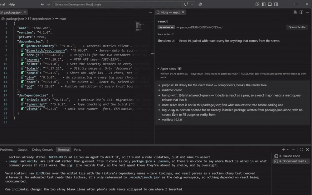 An AI agent in the terminal writes the note for react: the package.json line gains its preview, and the side panel shows the agent lines